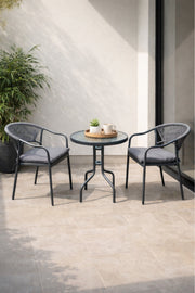 Stylish 3 Piece Outdoor Bistro Set with Rope Chairs and Glass Table Black Grey for Balcony Garden