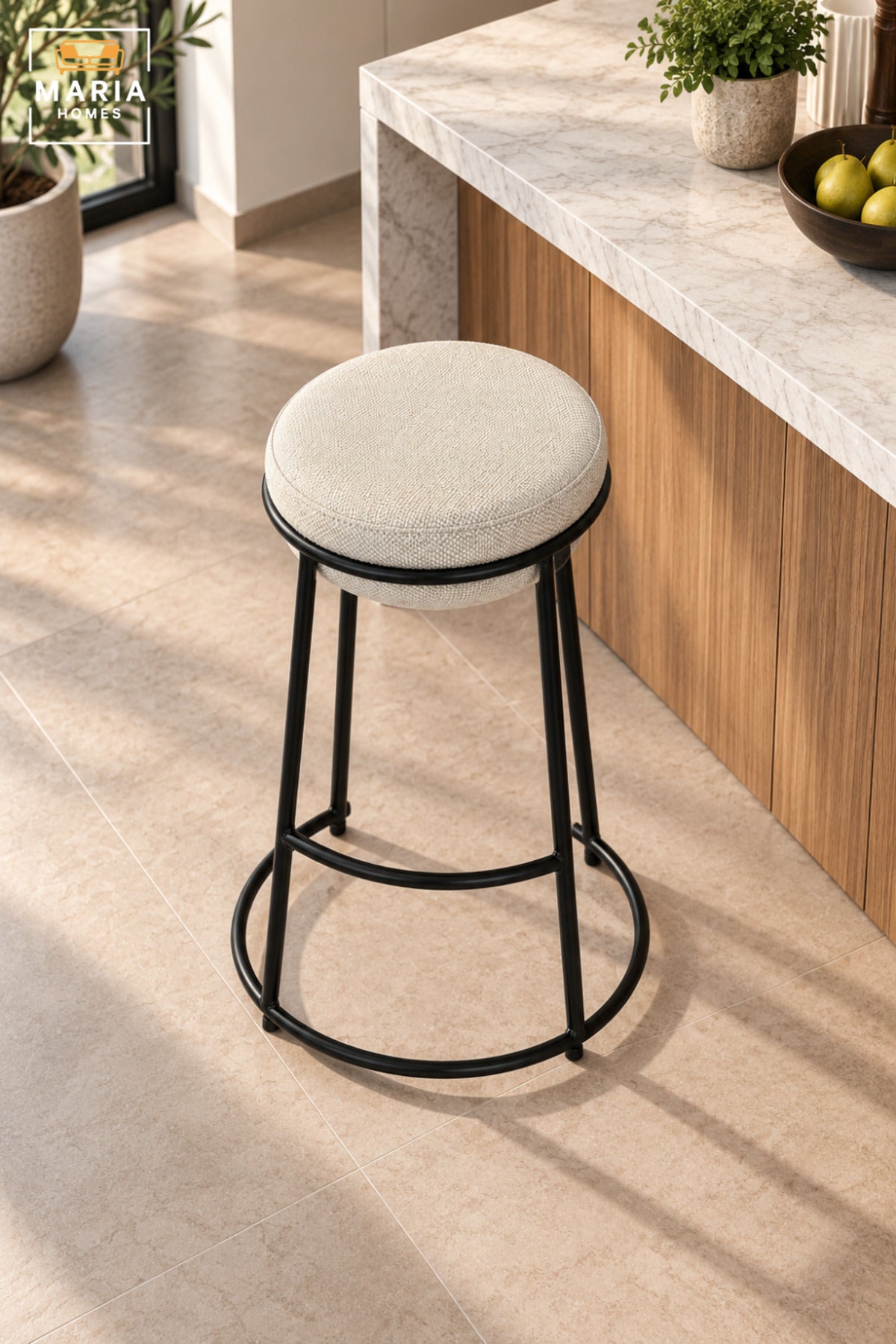 Modern Round Bar Stool with Padded Fabric Seat & Circular Footrest | Beige Upholstered High Counter Chair with Slim Black Frame for Kitchen and Café 70x33 cm