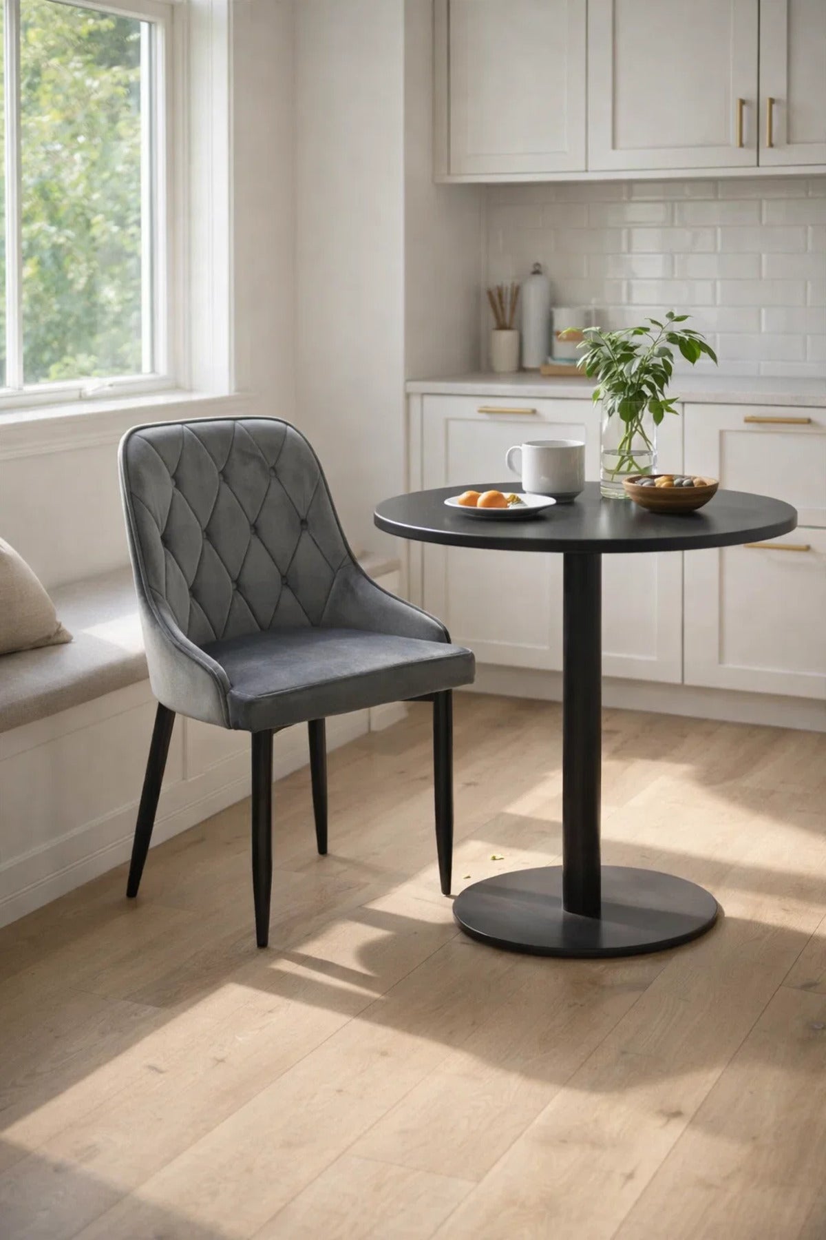 Modern Dark Grey Velvet Dining Chair Tufted Backrest Black Metal Legs Stylish Kitchen Seat Furniture