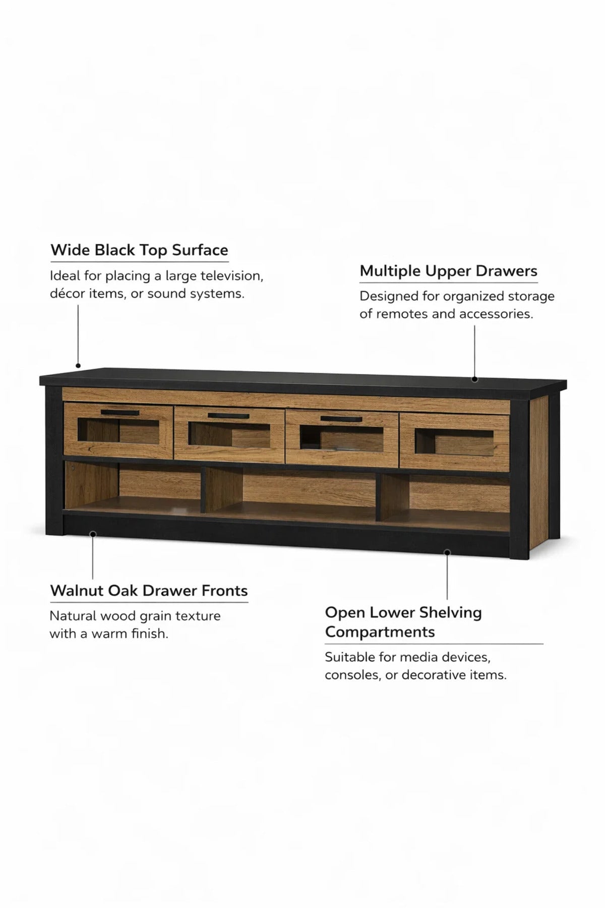 Walnut Oak TV Stand √ê 180x40x50 cm Modern Wooden Plasma Table with Drawers & Shelves