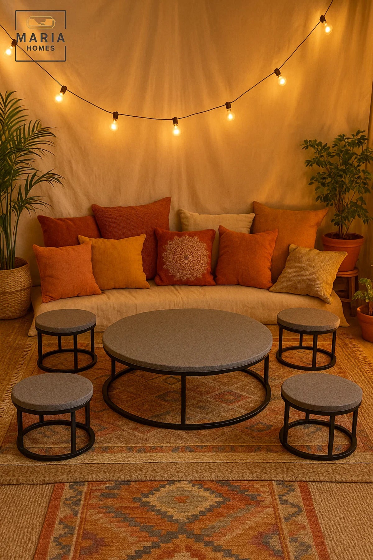 Modern Grey Round Coffee Table Set √ê Concrete Finish with Metal Base Living Room 5Piece