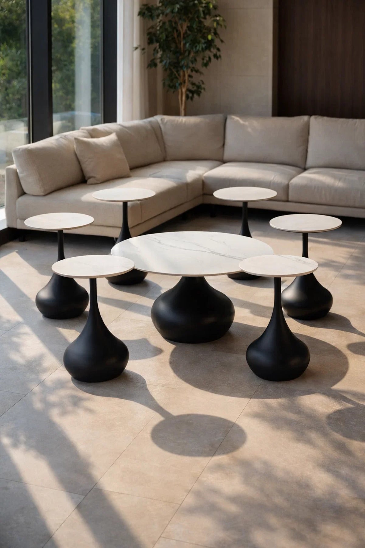 Stylish 7-Piece Ceramic Center Table Set with 6 Matching Side Tables Black Base Living Room
