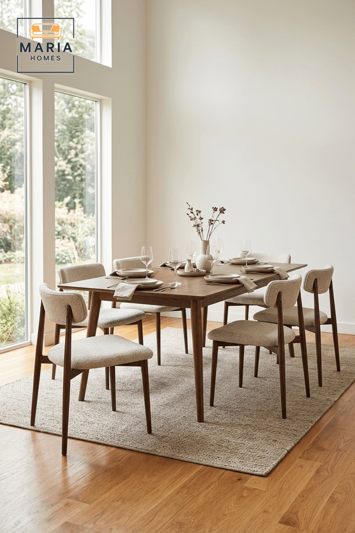 Beige Upholstered Dining Chair with Wooden Legs and Curved Backrest