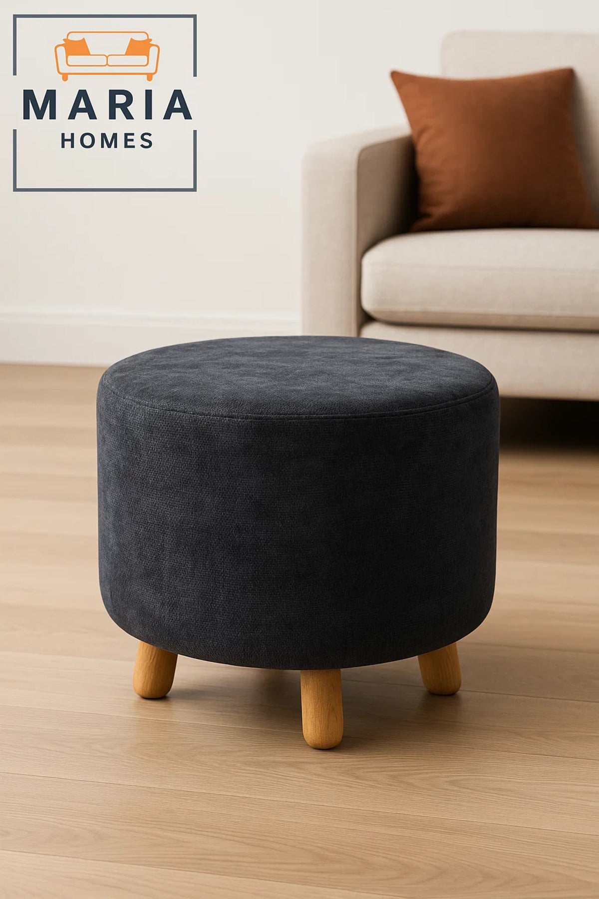 Round Dark Gray Velvet Ottoman Stool Ð Modern Footrest with Wooden Legs for Living Room & Bedroom