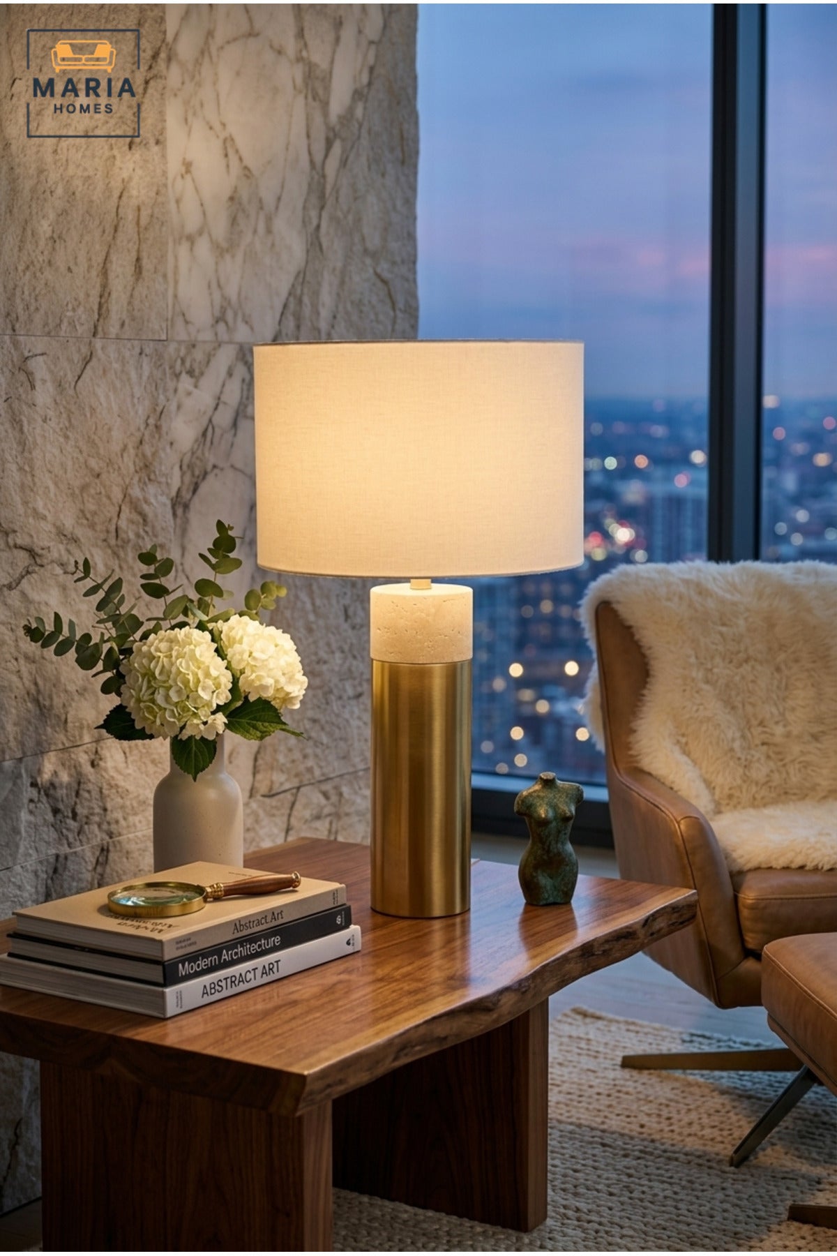 Modern Gold and Marble Table Lamp with White Drum Fabric Shade and Slim Cylindrical Base for Bedroom, Living Room, Office, Hotel and Bedside Décor