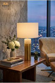 Modern Gold and Marble Table Lamp with White Drum Fabric Shade and Slim Cylindrical Base for Bedroom, Living Room, Office, Hotel and Bedside Décor