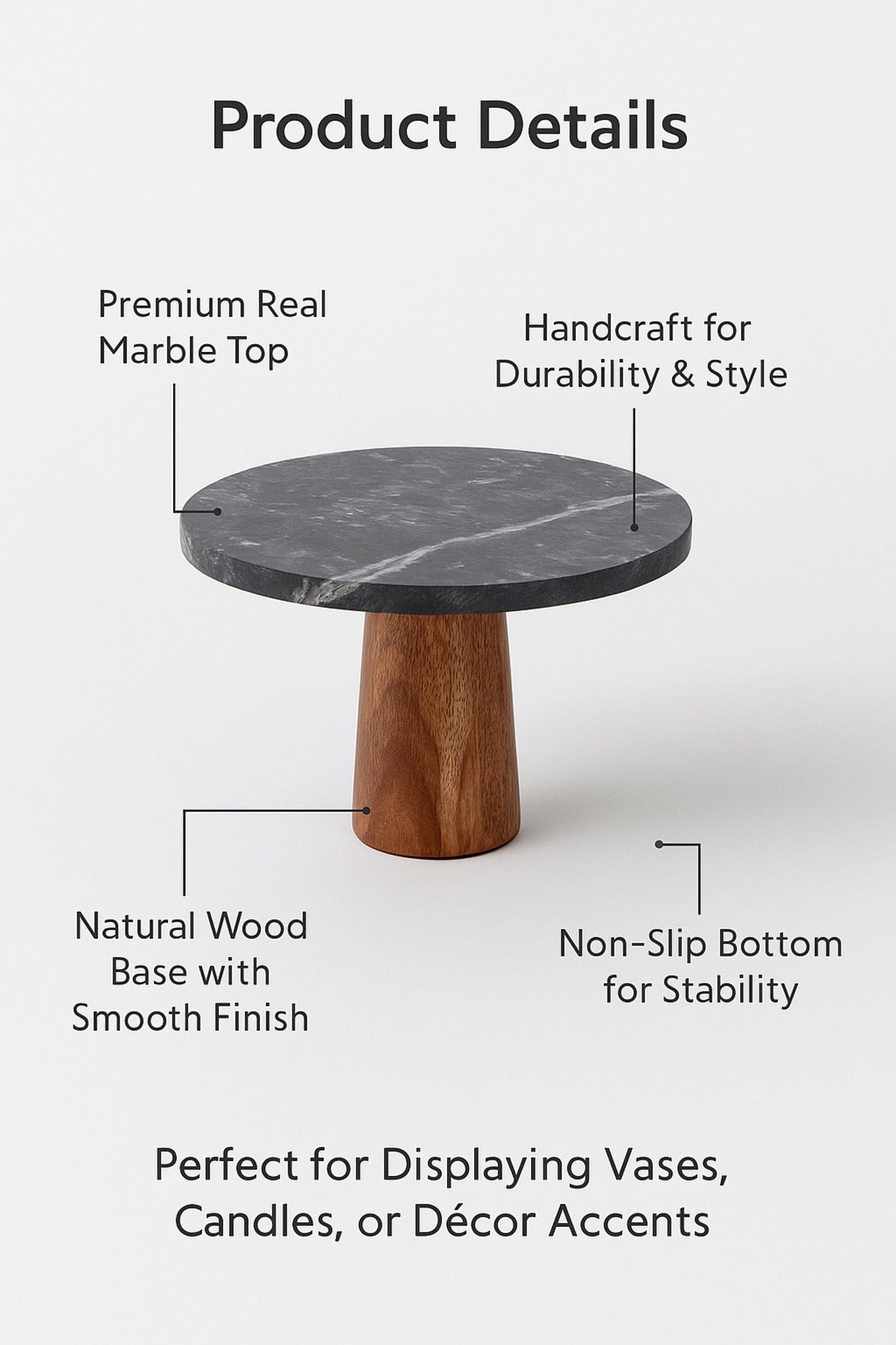 Black Marble Decorative Stand Ð Round Display Pedestal with Wooden Base