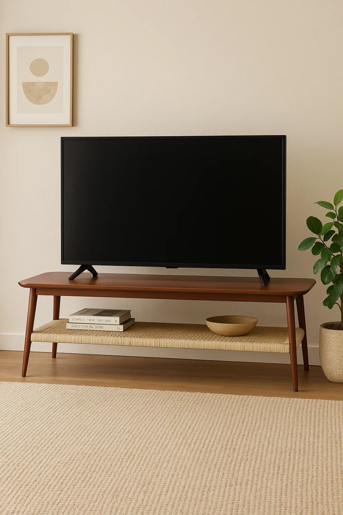 Wooden Coffee Table 160_40_40 cm Ð Slim Design with Woven Shelf Storage, Coffee Finish