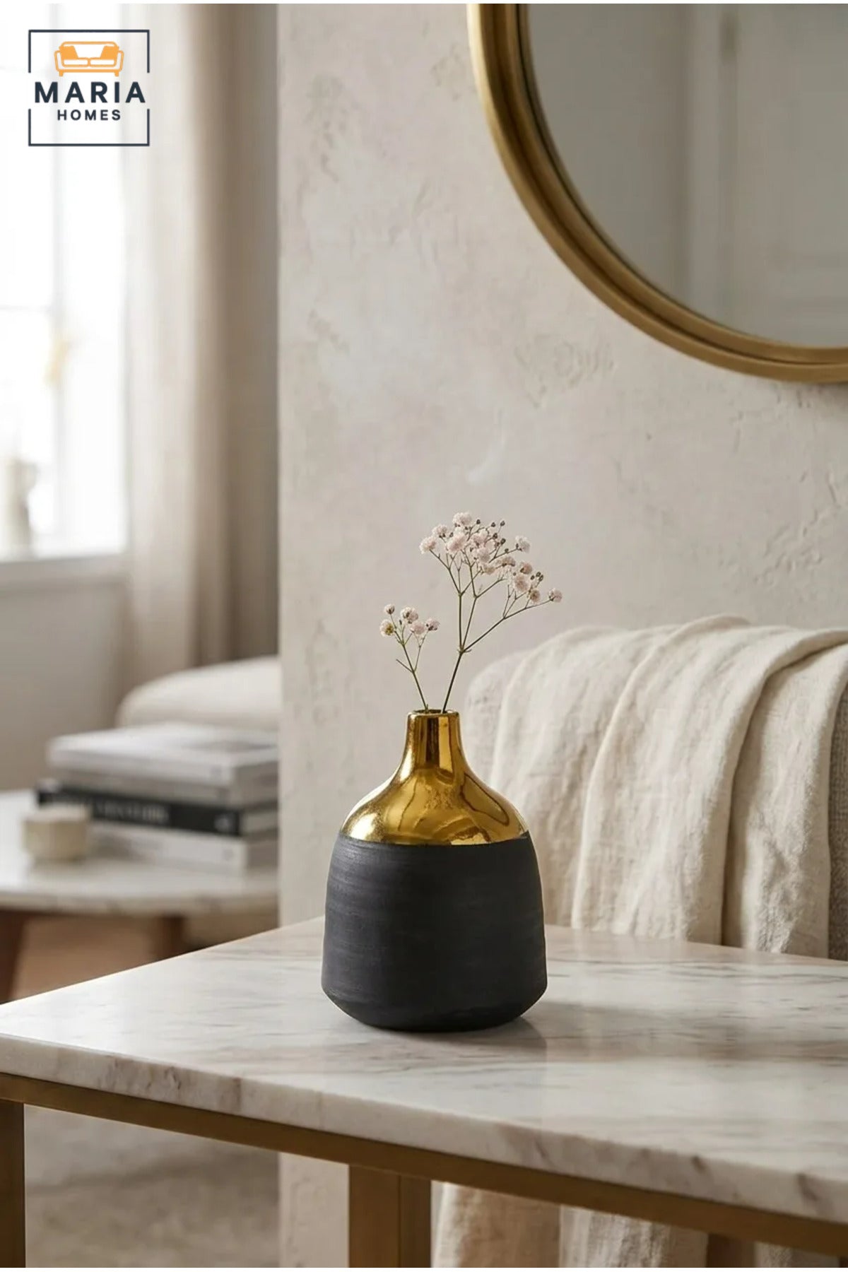 Modern Decorative Flower Vase with Gold-Tone Neck, Textured Rounded Body and Narrow Opening for Living Room, Bedroom, Office and Console Décor