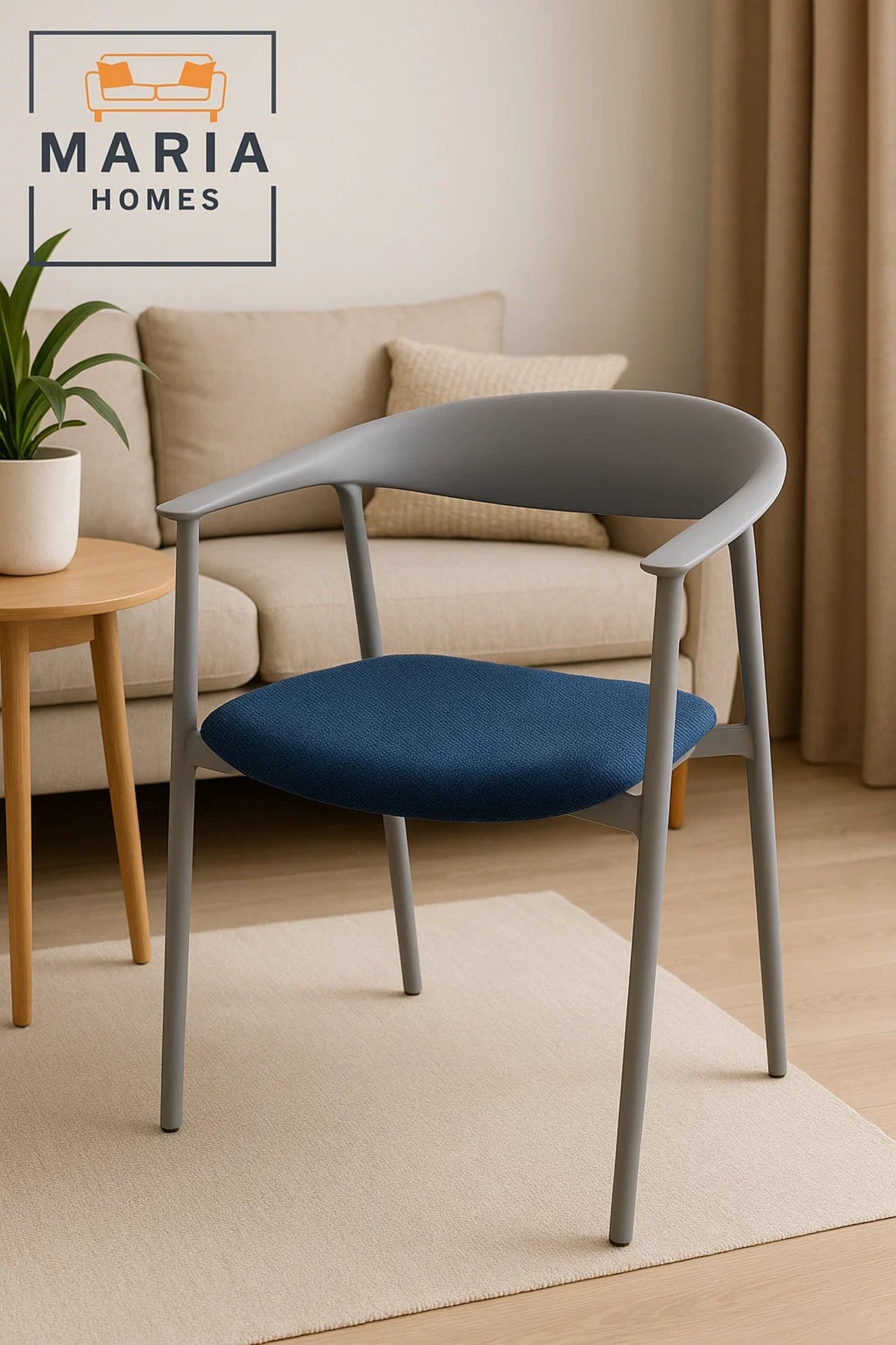Grey Armrest Chair with Blue Fabric Cushion Ð Modern Dining or Office Seating