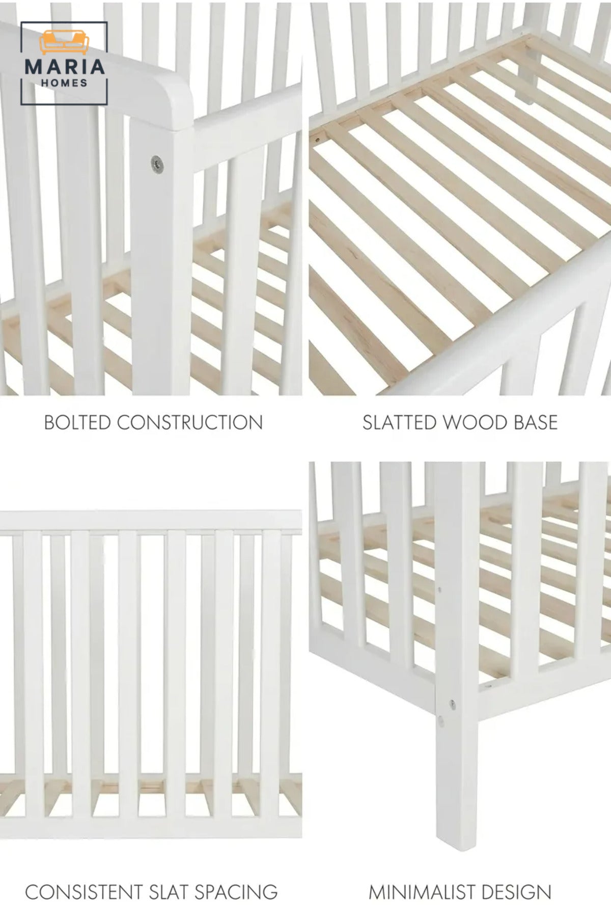 Wooden Baby Cot with Slatted Safety Rails, Modern Nursery Crib Bed with Raised Sleeping Base for Newborn Babies, Infants and Toddlers