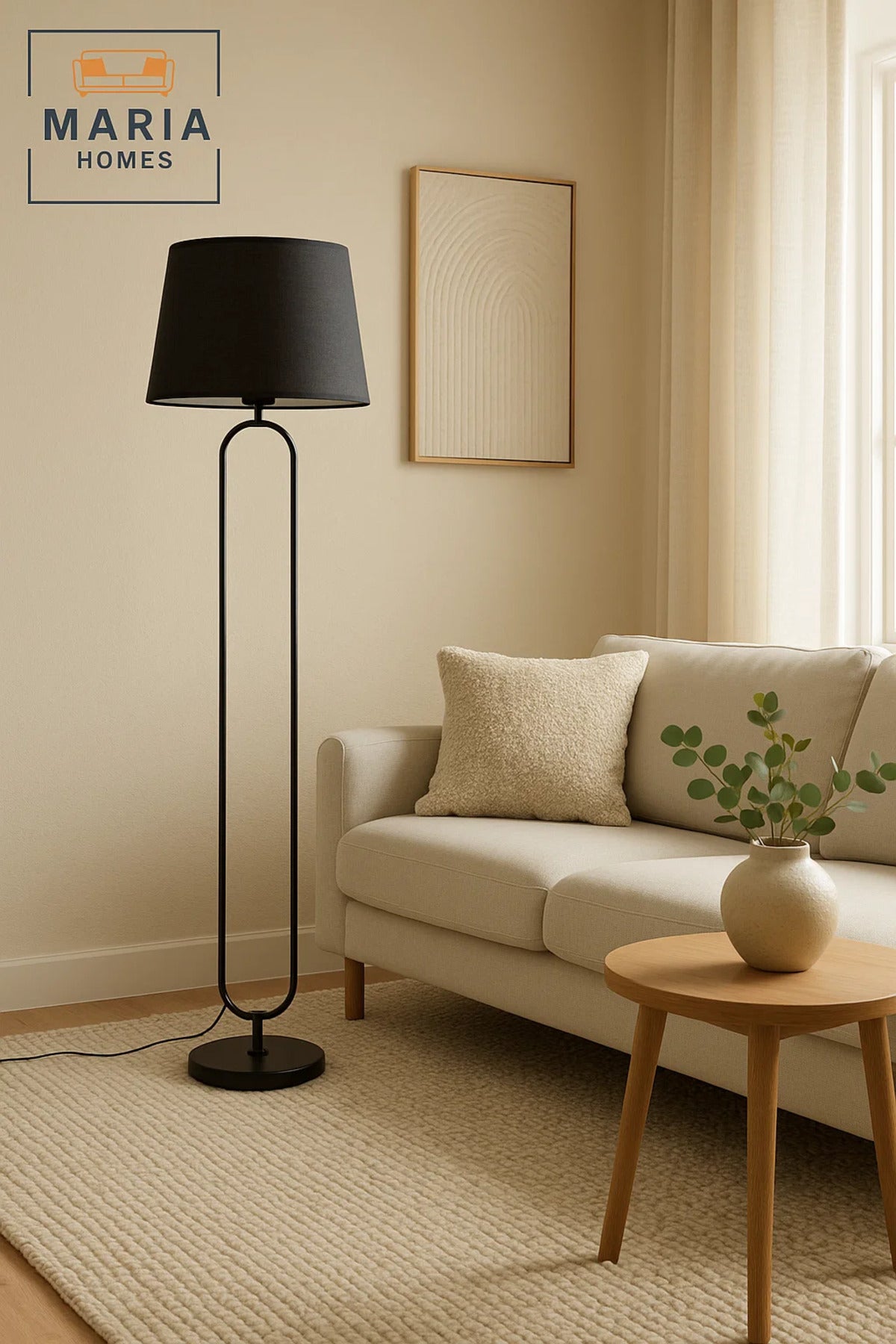 Modern Black Floor Lamp with Oval Frame and Fabric Shade