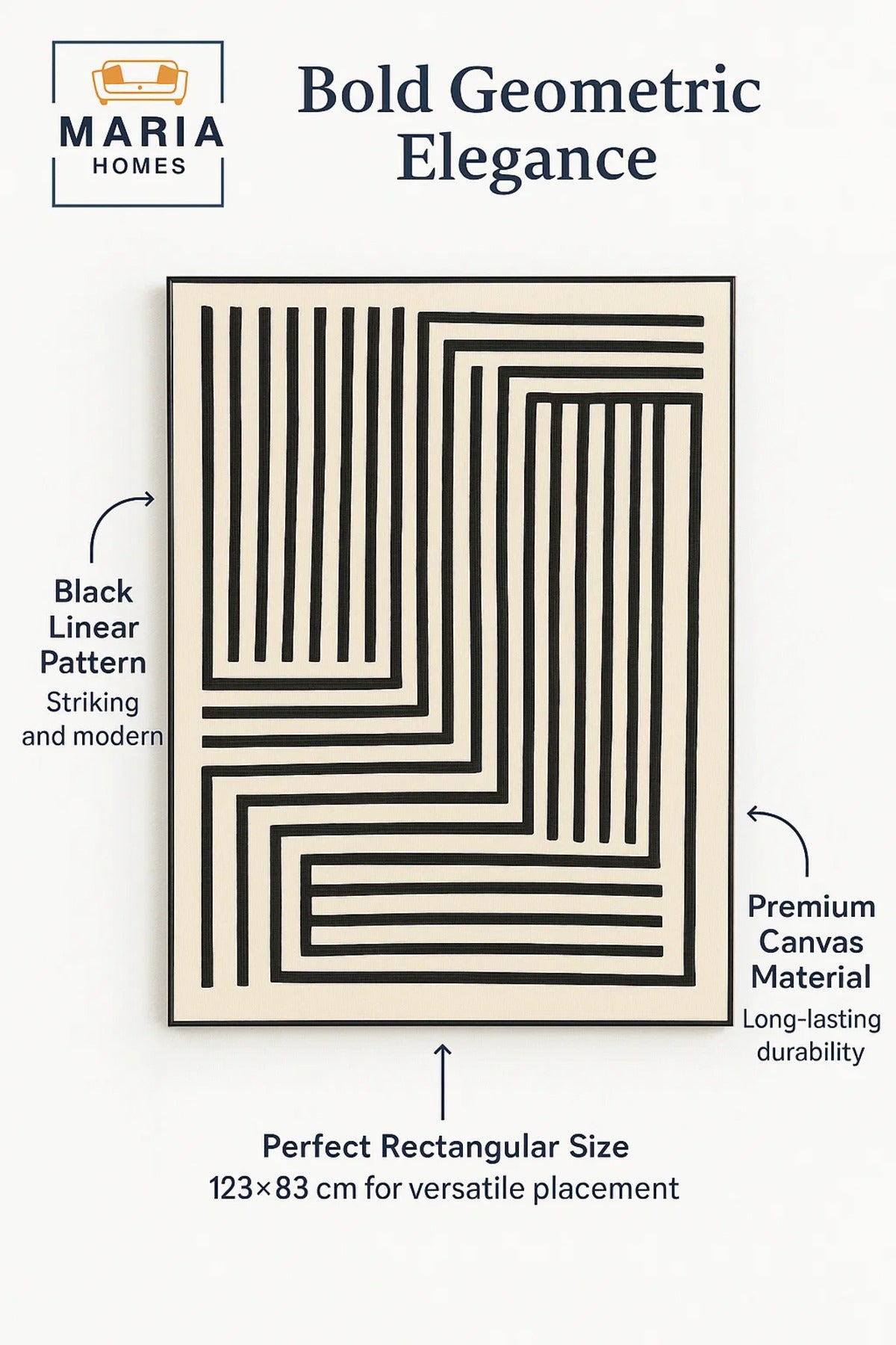 Modern Geometric Area Rug Ð Black Linear Pattern on Cream, size 4.3*123 cm