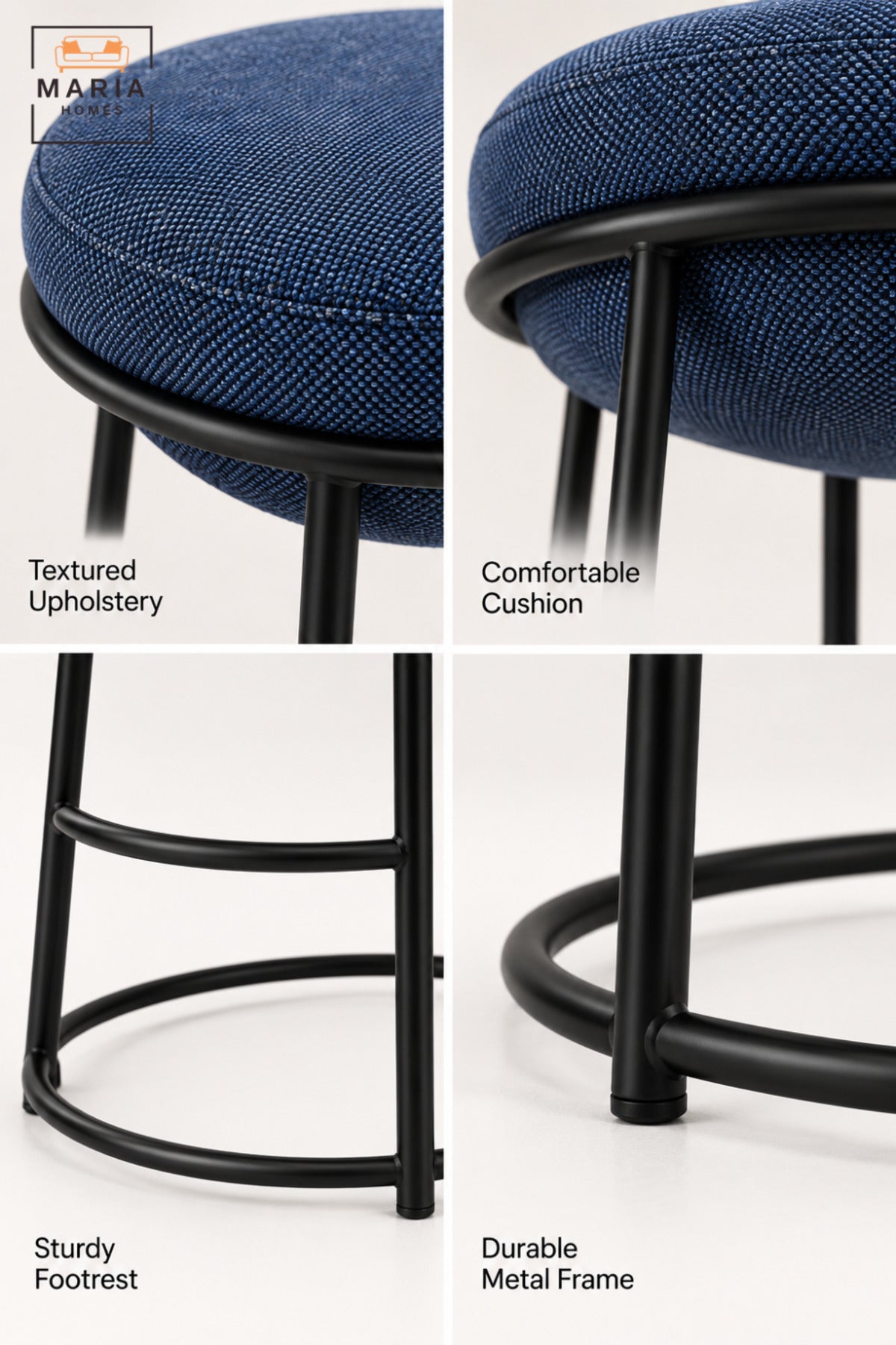 Modern Round Bar Stool with Padded Fabric Seat & Circular Footrest | Blue Upholstered High Counter Chair with Slim Black Frame for Kitchen and Café 70x33cm