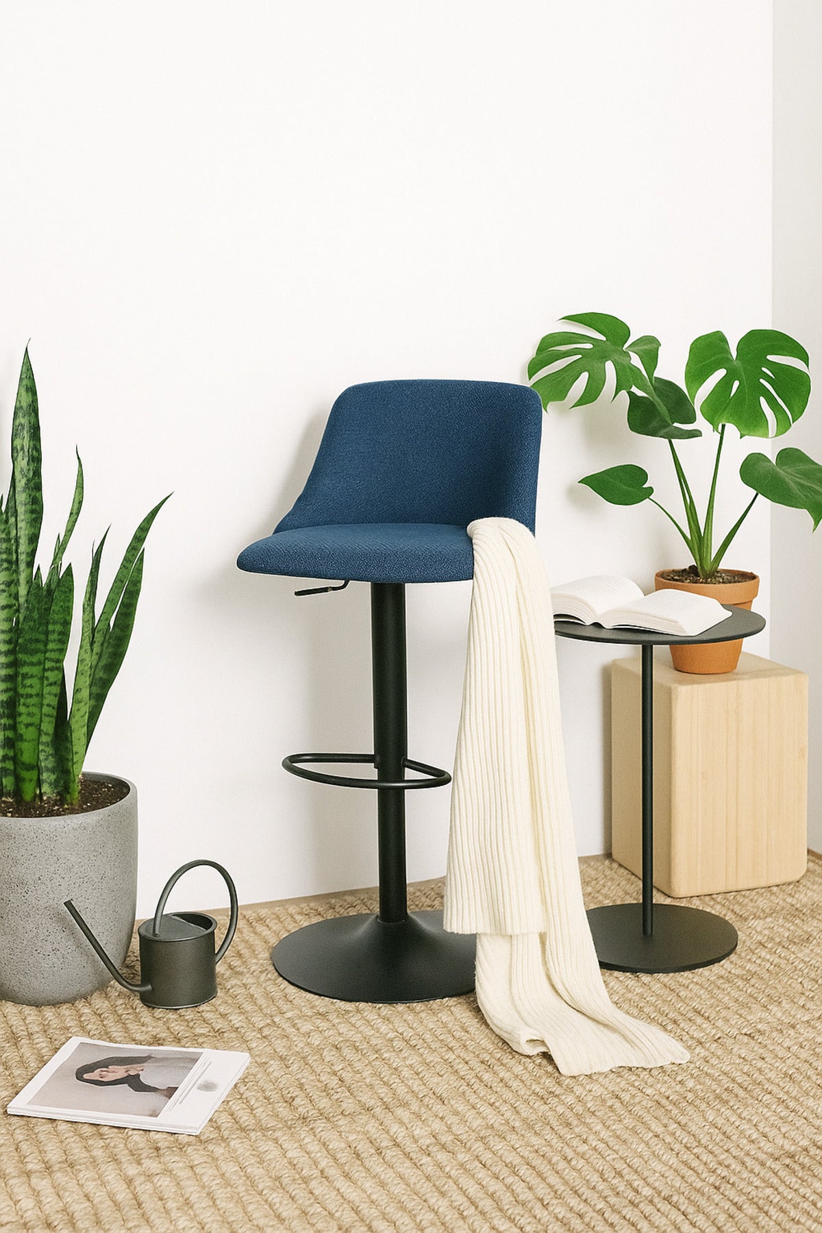Deep Blue Adjustable Bar Stool with Backrest & Footrest Ð Modern Counter Chair