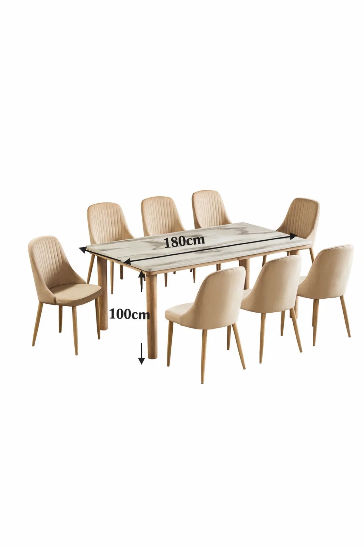 Elegant 9-Piece Dining Room Set with Marble Pattern Table and Eight Beige Velvet Upholstered Chairs