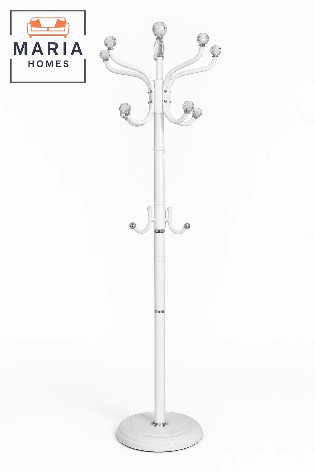Freestanding White Metal Coat Rack with Multiple Chrome Hooks