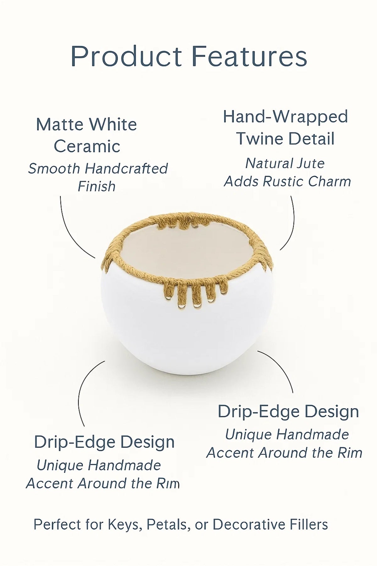 White Ceramic Rope Accent Bowl Planter – Modern Decorative Pot