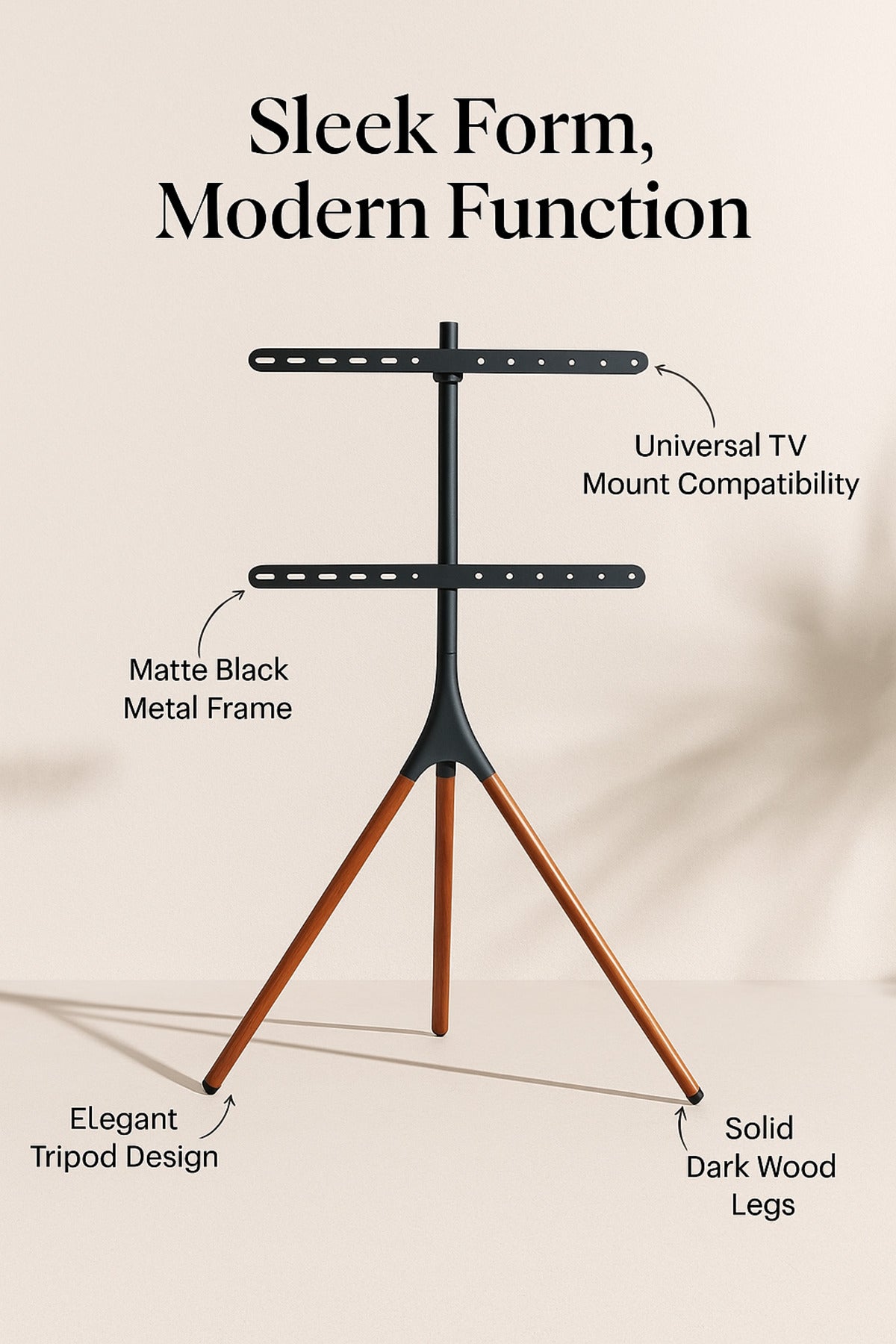 Black & Dark Wood Tripod TV Stand √ê Modern Adjustable Floor Stand for 32_√ê65_ TVs