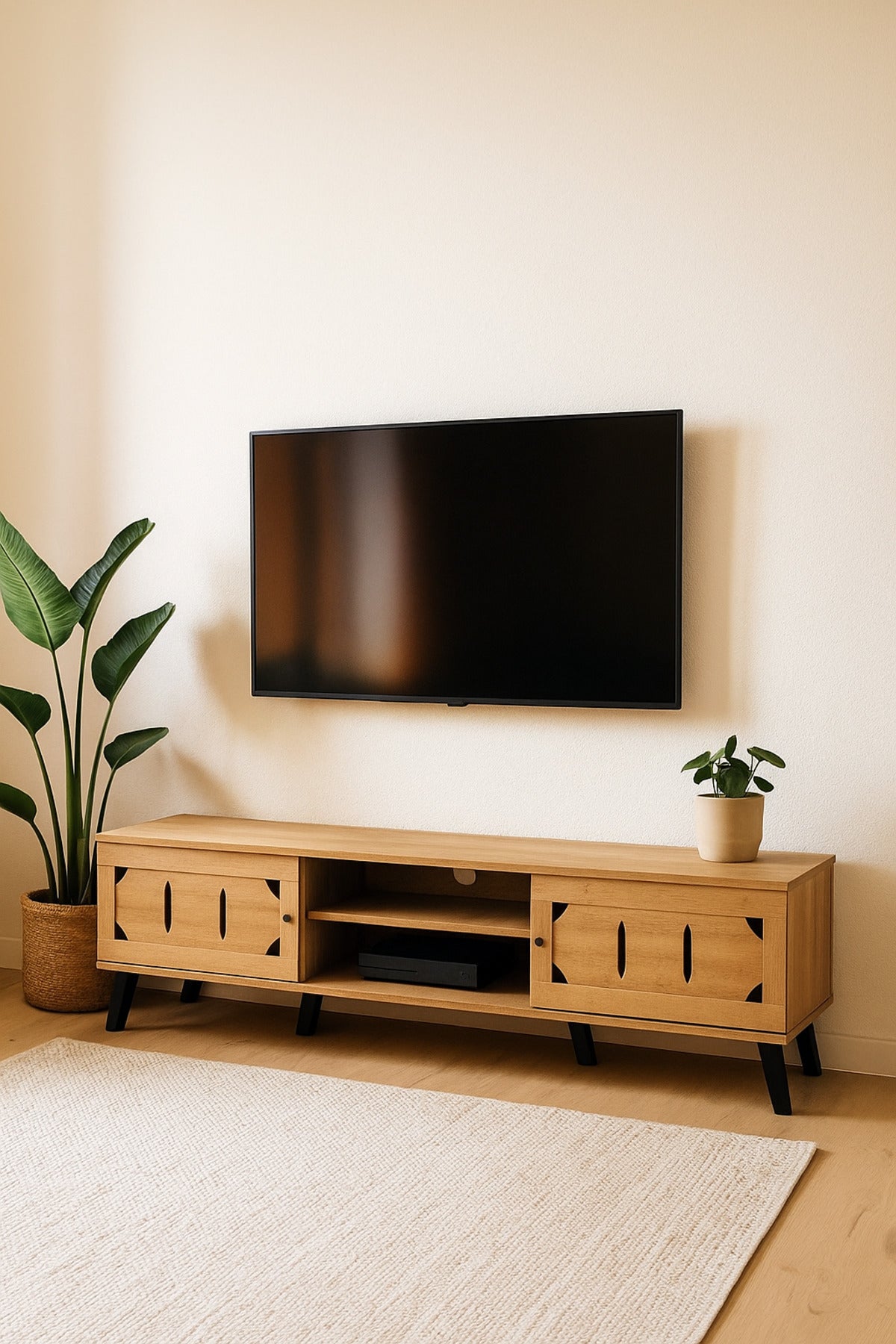 Light Brown Wooden TV Stand 180_40_44 cm Ð Modern TV Unit with Cutout Design Doors and Open Shelves
