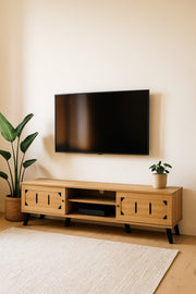Light Brown Wooden TV Stand 180_40_44 cm Ð Modern TV Unit with Cutout Design Doors and Open Shelves