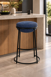 Modern Round Bar Stool with Padded Fabric Seat & Circular Footrest | Blue Upholstered High Counter Chair with Slim Black Frame for Kitchen and Café 70x33cm