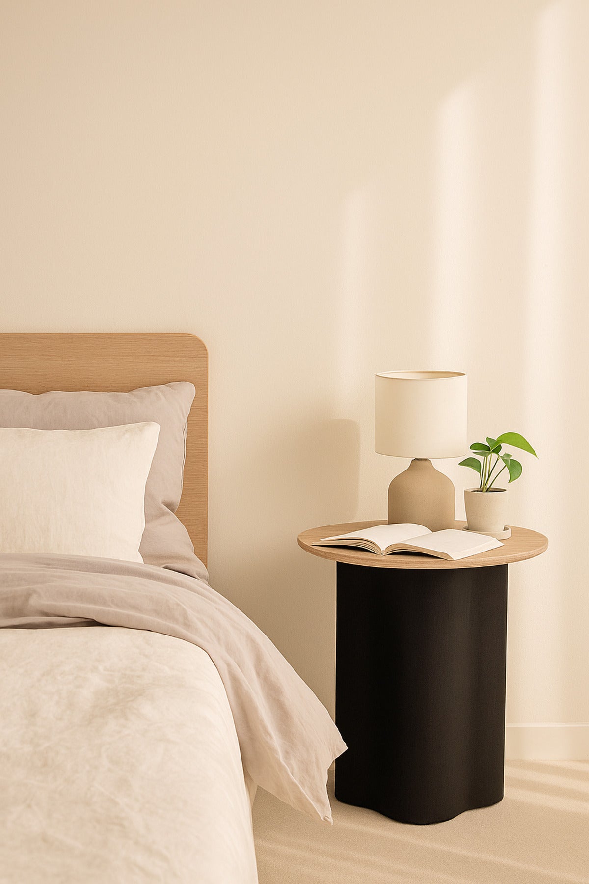 Round Black Coffee Table with Wood Top Ð Modern Side Table 45_55 cm