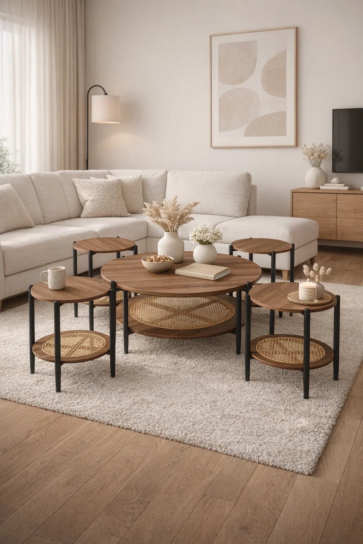 Luxury 5-Piece Round Coffee Table Set Brown Wood Finish with Rattan Shelf for Modern Living Room