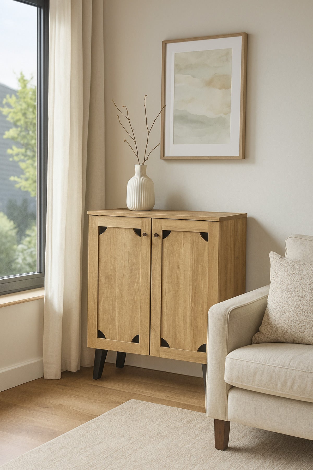 Light Brown Wooden Storage Cabinet 80_32_94 cm Ð Modern 2-Door Cupboard with Black Legs