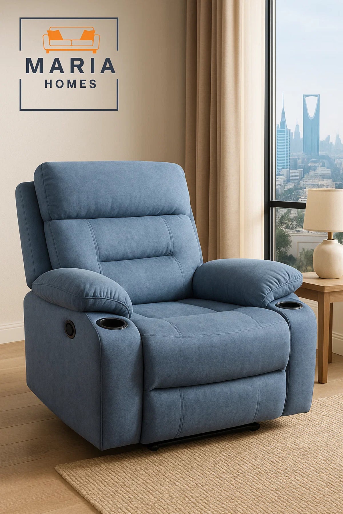 Blue Recliner Chair with Cup Holders Ð Plush Fabric Armchair for Living Room Comfort & Relaxation