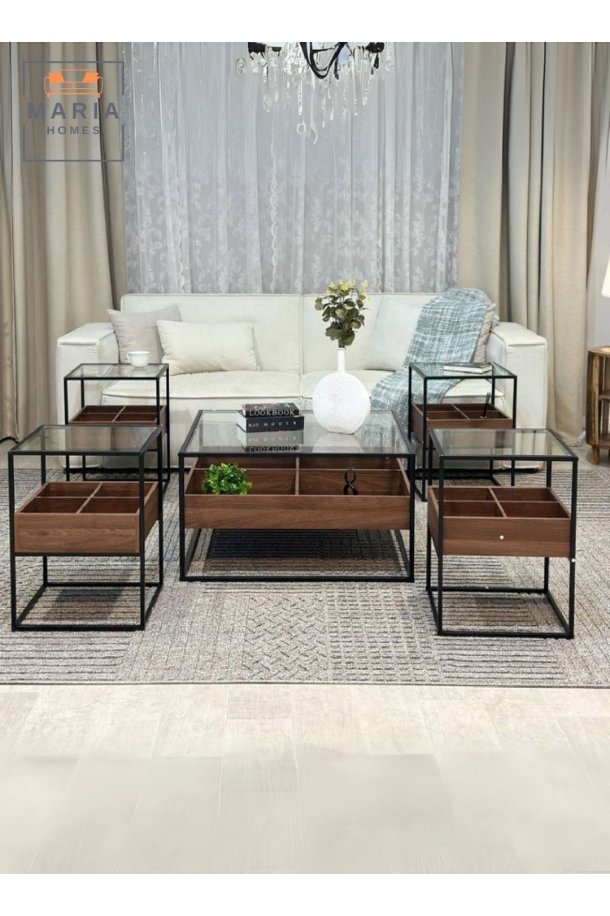 Modern Walnut & Black Frame Coffee Table with Glass Top 40x40x55 CM