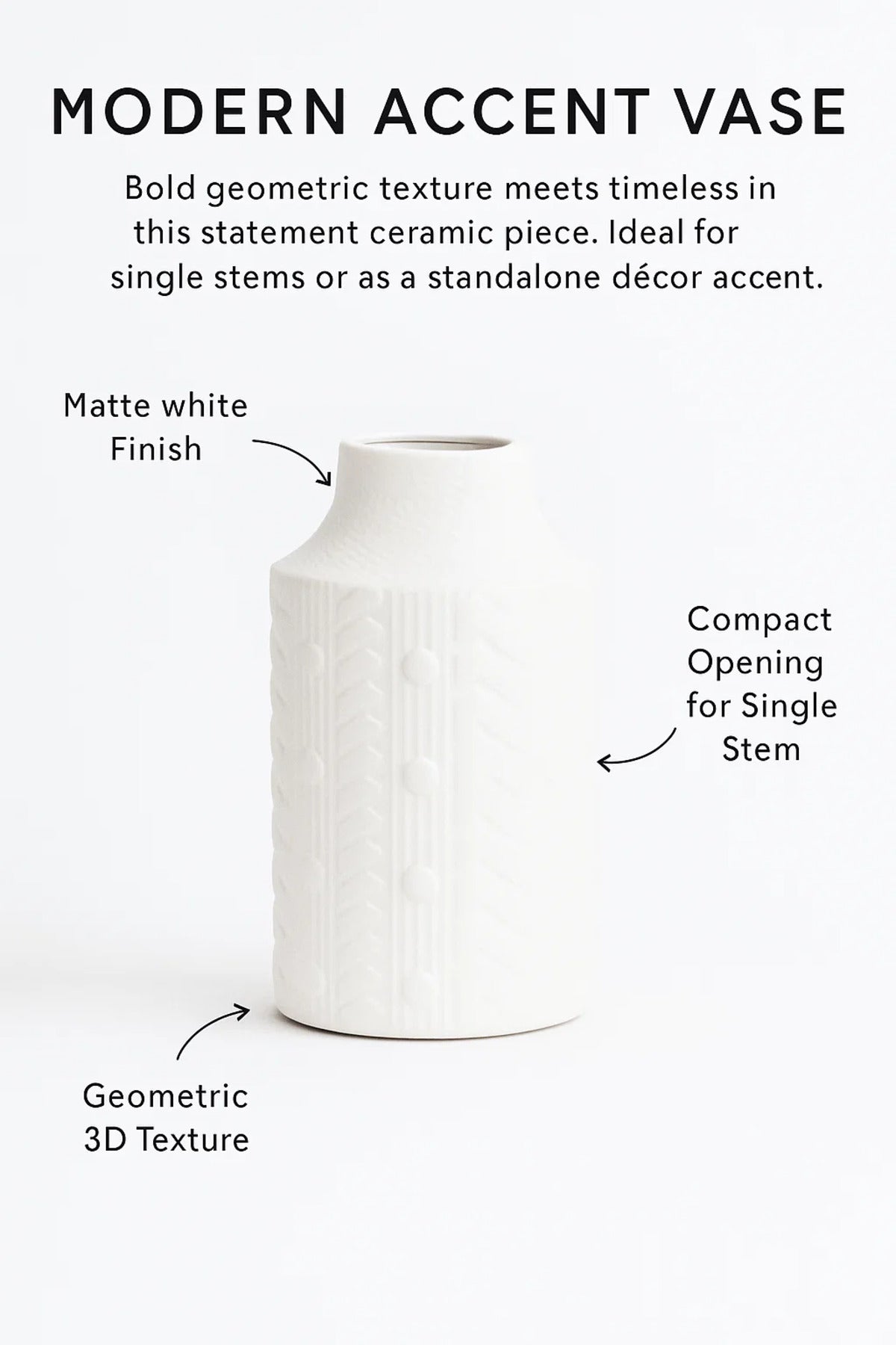 White Textured Ceramic Vase Ð Modern Minimalist Decorative Flower Pot with Embossed Pattern