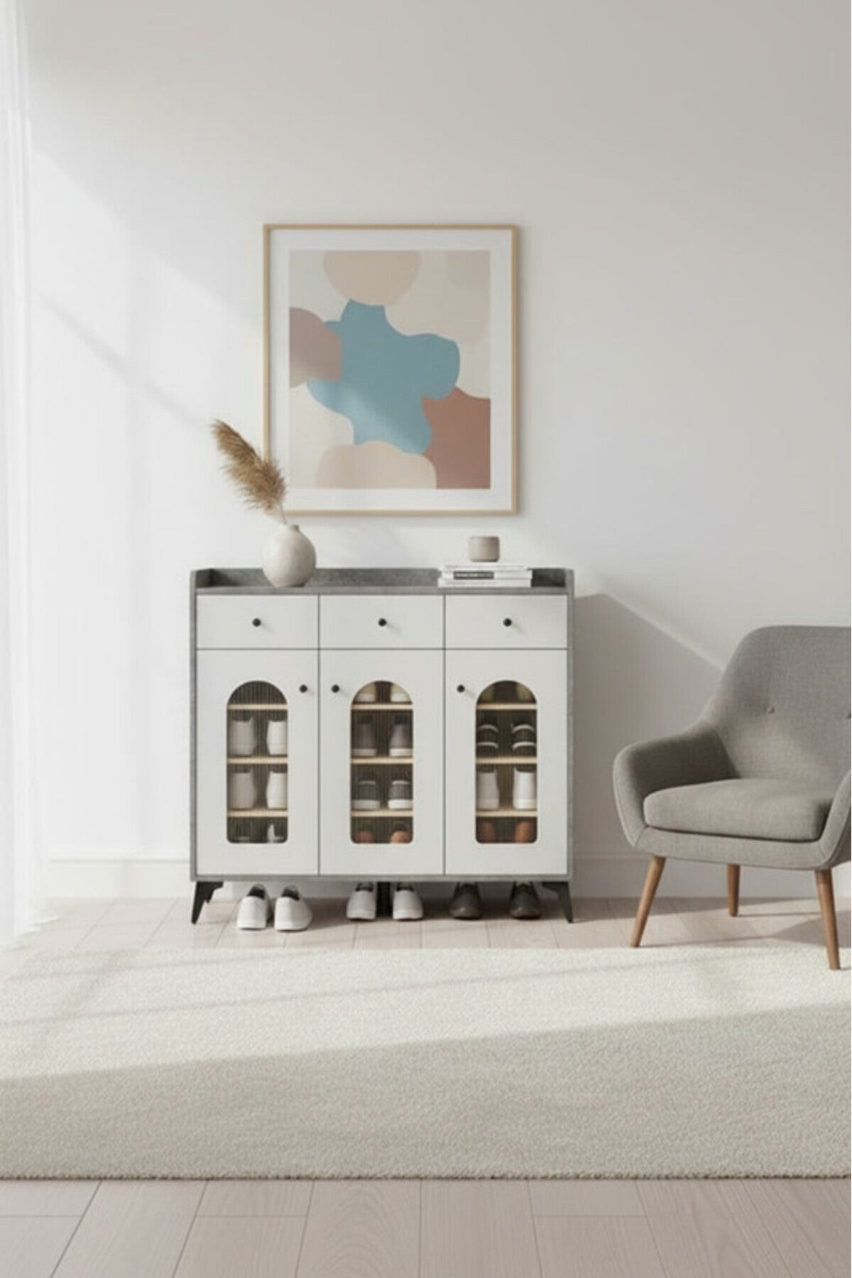 Modern Grey Sideboard Cabinet with Glass Doors & LED Display Shelves