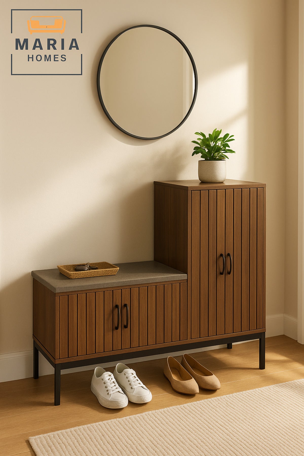 Modern Brown Wooden Storage Cabinet with Bench Ð 140_35_100 cm