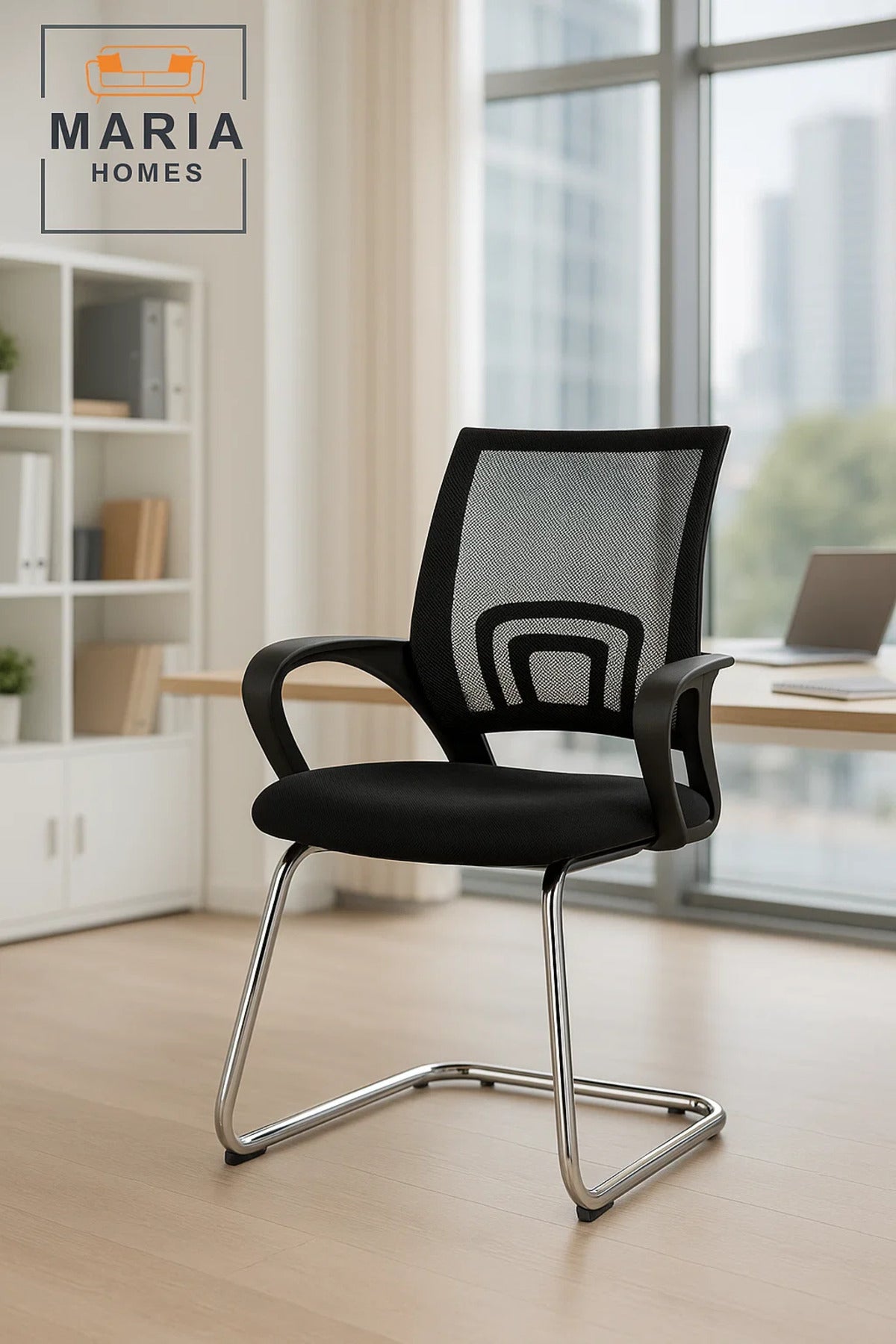 Ergonomic Black Mesh Office Visitor Chair with Chrome Frame and Armrests