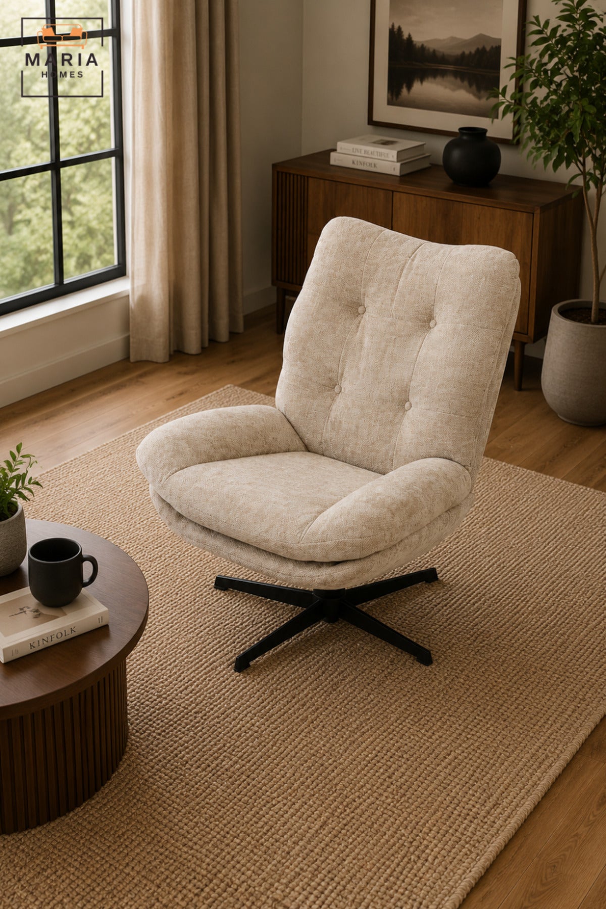 Modern Swivel Lounge Chair with Tufted High Backrest & Deep Cushioned Seat | Contemporary Accent Chair for Living Room, Bedroom, Office & Reading Area