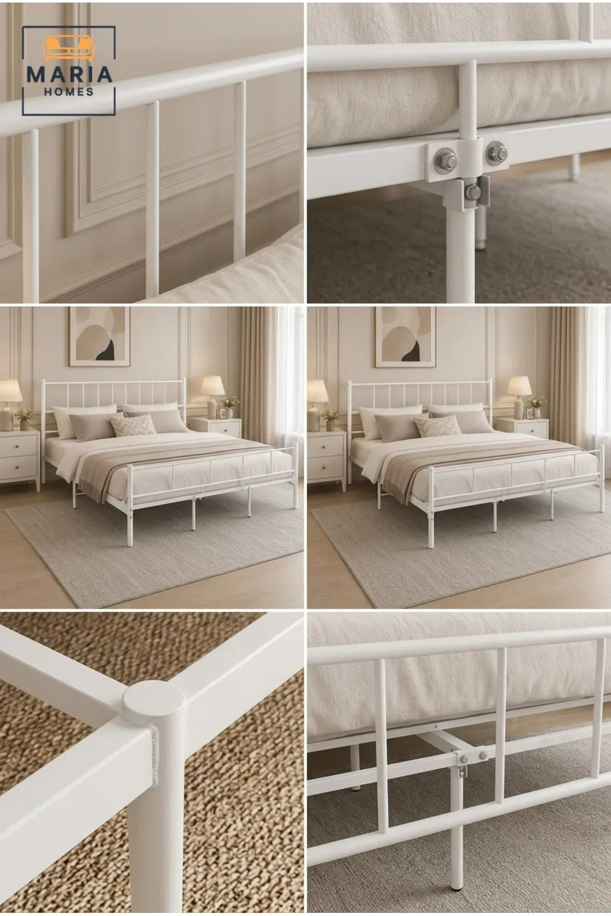 Modern White Metal Bed Frame 180_200 cm √ê Platform Bed with Minimalist Headboard, Heavy Duty Mattress Foundation
