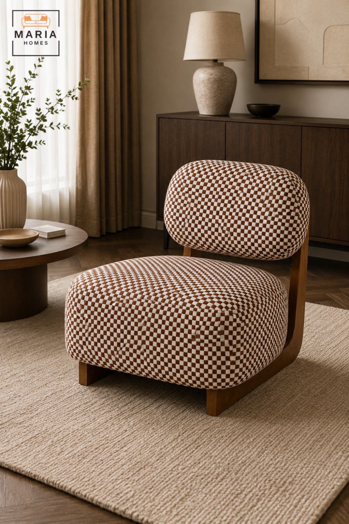 Modern Checkered Upholstered Accent Chair with Wooden Frame & Padded Backrest | Contemporary Armless Lounge Chair for Living Room, Bedroom & Reception