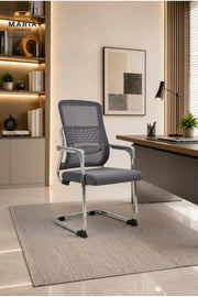 Modern Grey Mesh Visitor Chair with Ergonomic Lumbar Support and Chrome Sled Base