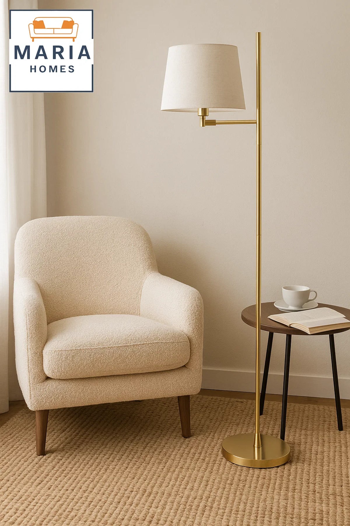 Gold Floor Lamp with White Shade and Glossy Base