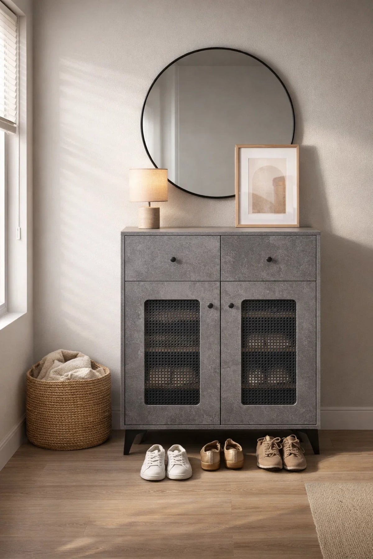 Modern Grey Shoe Cabinet Sideboard with Mesh Doors and Two Drawers for Home Entrance Storage Unit