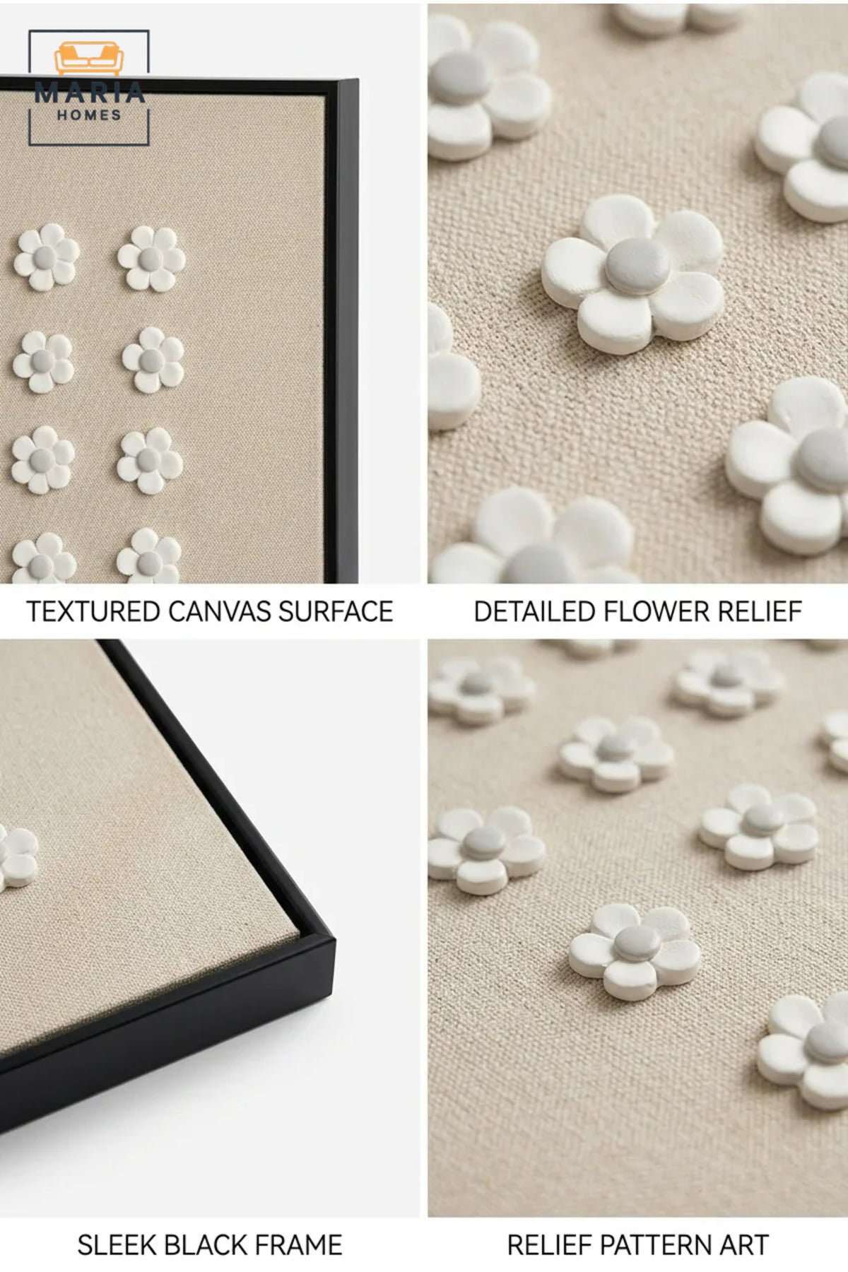 Modern Floral Textured Wall Art with Slim Black Frame, White Flower Pattern on Neutral Beige Canvas for Living Room, Bedroom, Hallway and Office Décor
