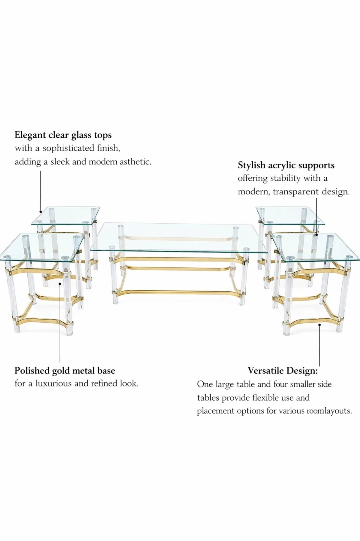 Luxury 5 Piece Acrylic Glass Table Set Gold Metal Frame Modern Living Room Furniture Set