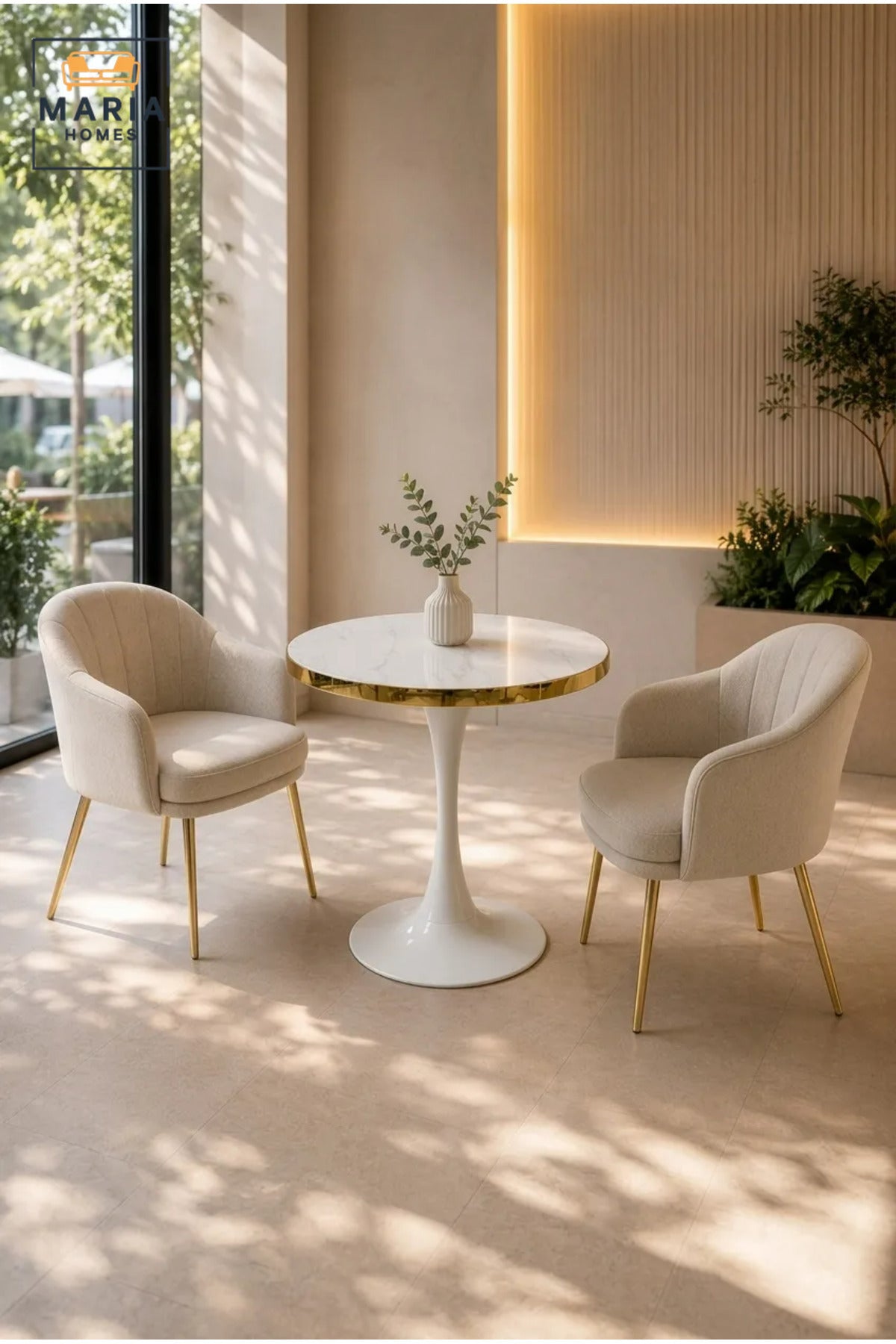 Modern Round Marble Bistro Table with Gold Trim for Cafe Dining Room Living Space
