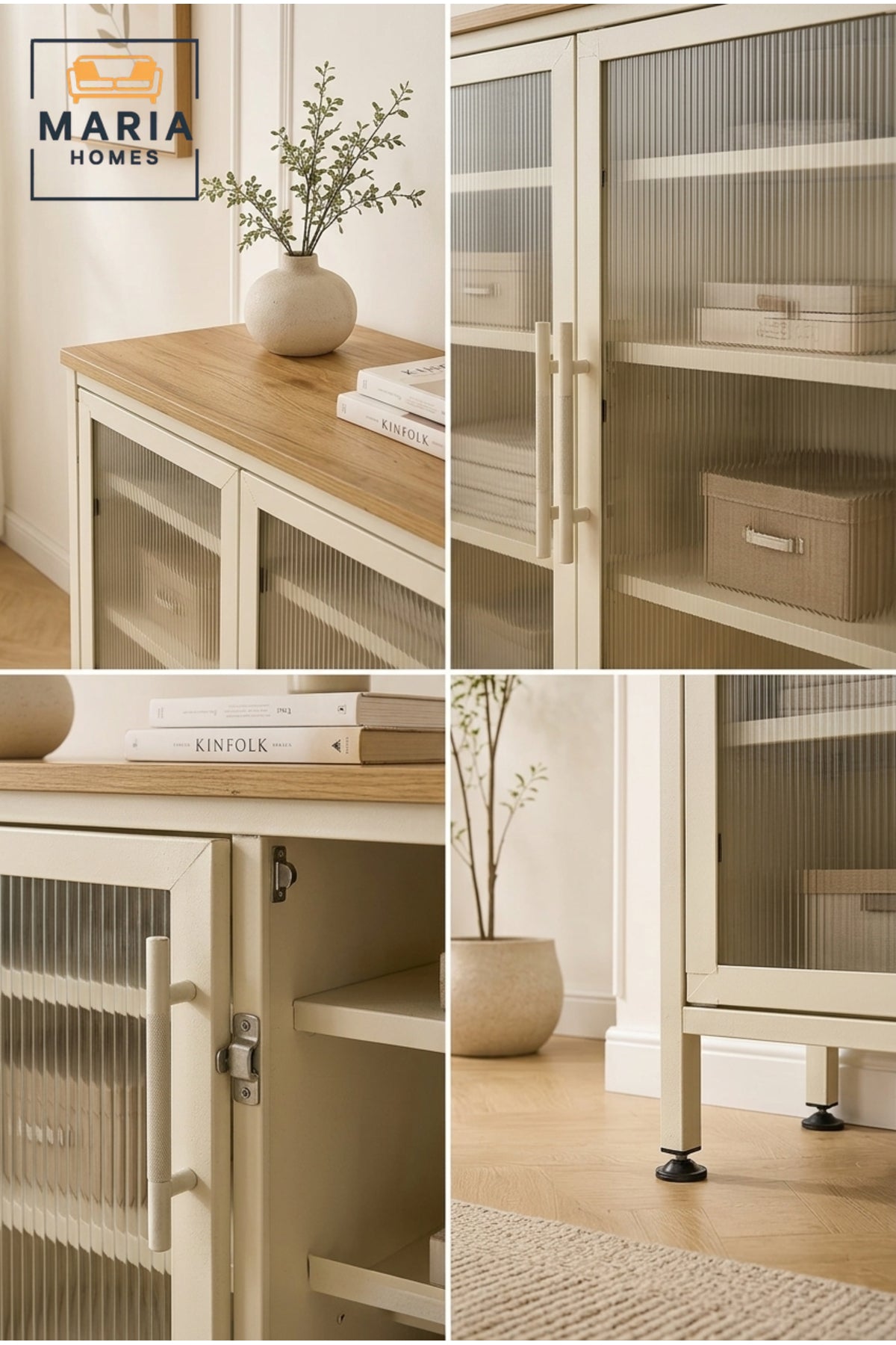 Modern Metal Storage Cabinet with Fluted Glass Doors √ê Compact Display & Organization Cabinet