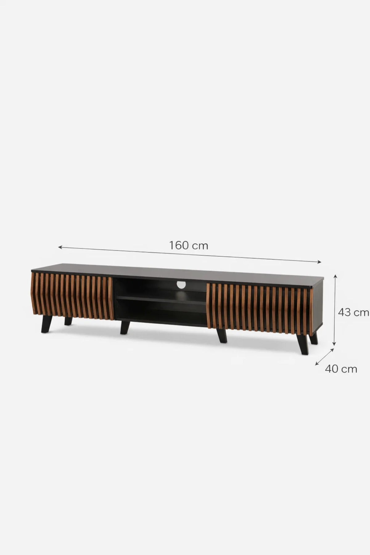 Modern Wooden TV Stand Black and Dark Brown with Slatted Design 160 x 40 x 43 cm