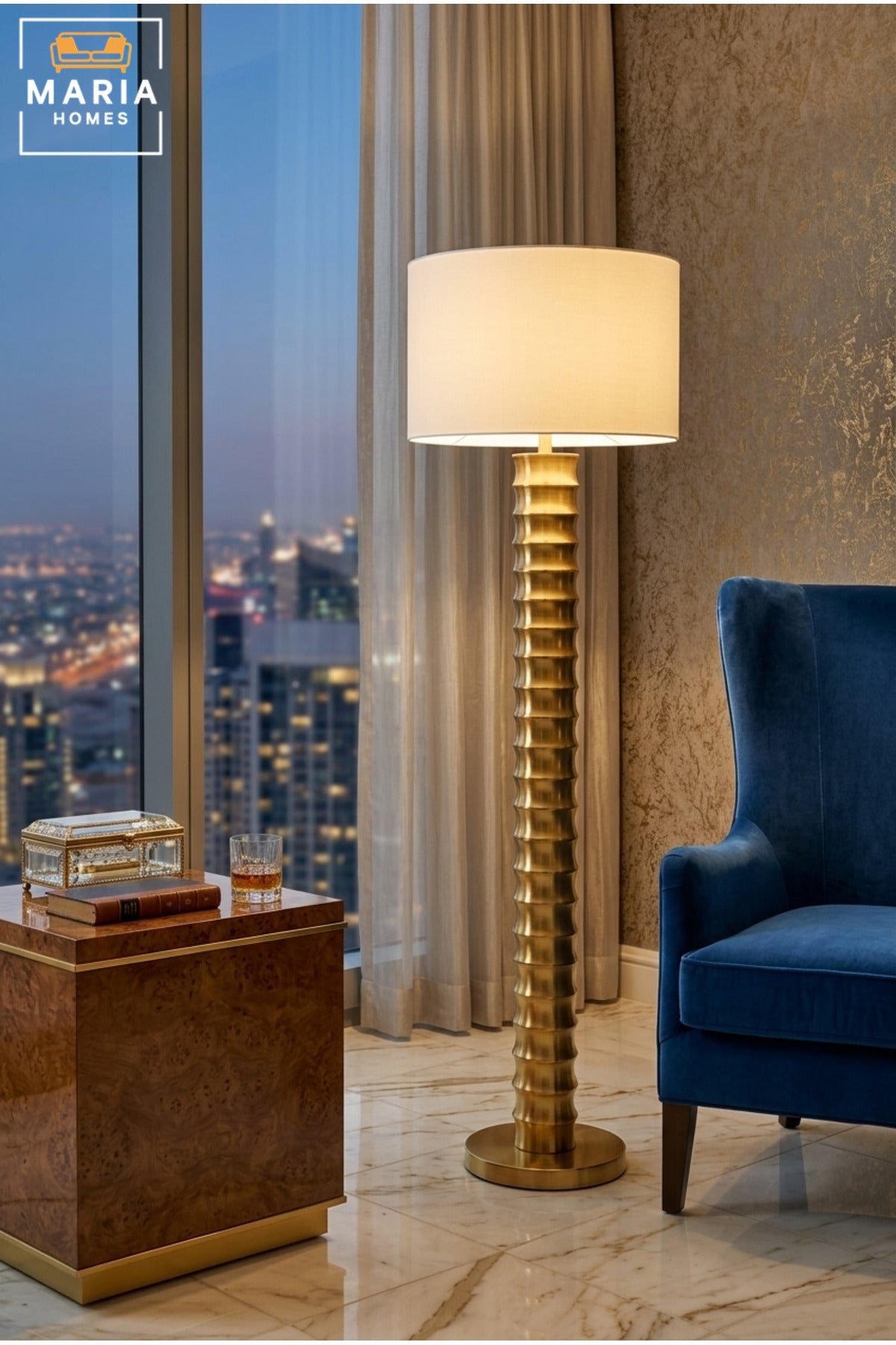 Modern Gold Ribbed Floor Lamp with Tall Sculptural Column, Fabric Drum Shade and Round Base Decorative Standing Light for Living Room Bedroom Office