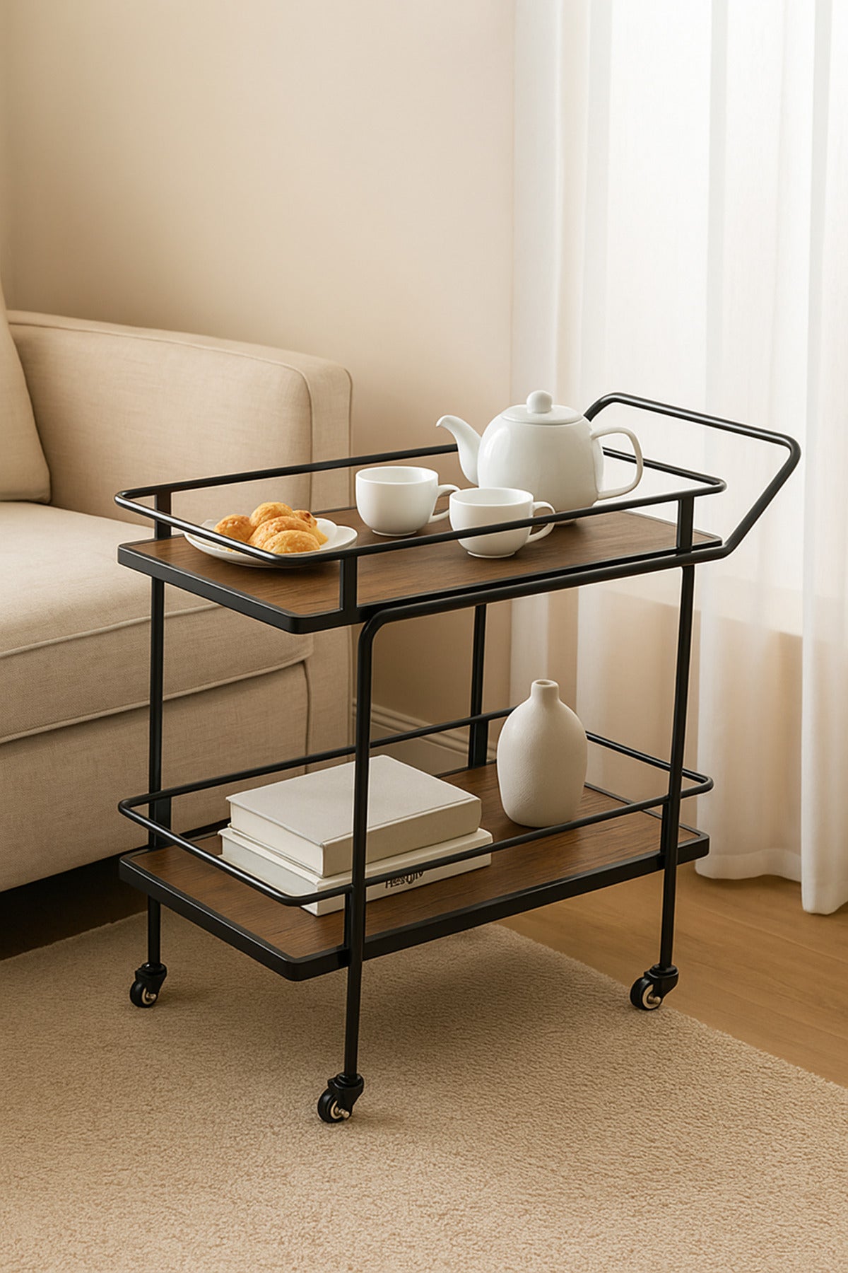 Modern Brown Metal Serving Trolley Ð 2-Tier Bar Cart with Wheels 83_40_80 cm