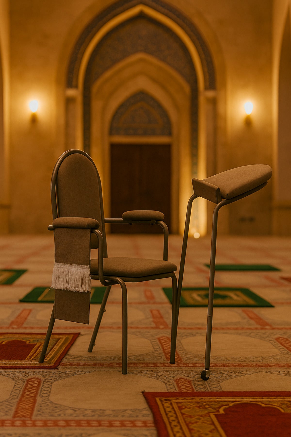 Brown Prayer Chair with Back Support Ð Comfortable Metal Frame Chair with Foldable Kneeling Stand