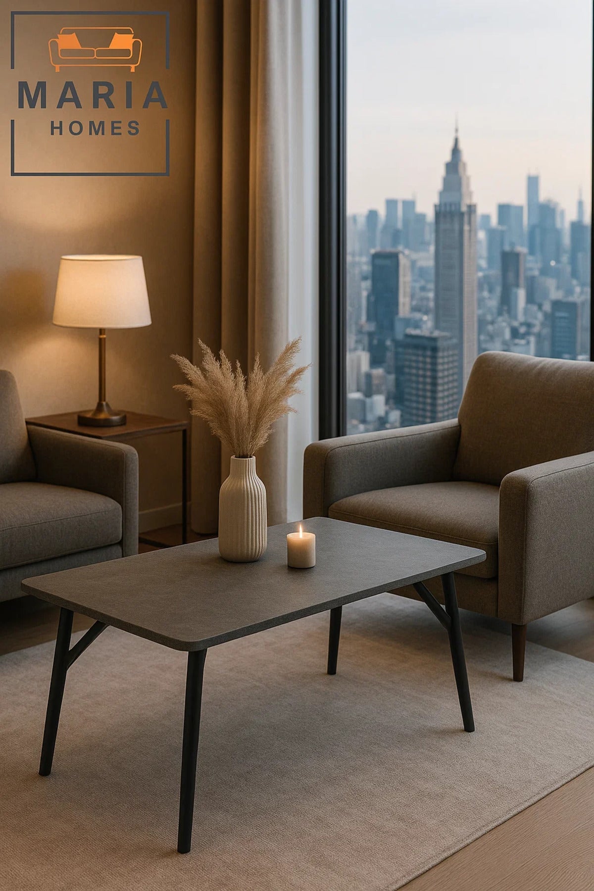 Modern Center Table 120x60x45cm Ð Grey Stone Finish Top with Black Metal Legs for Living Room